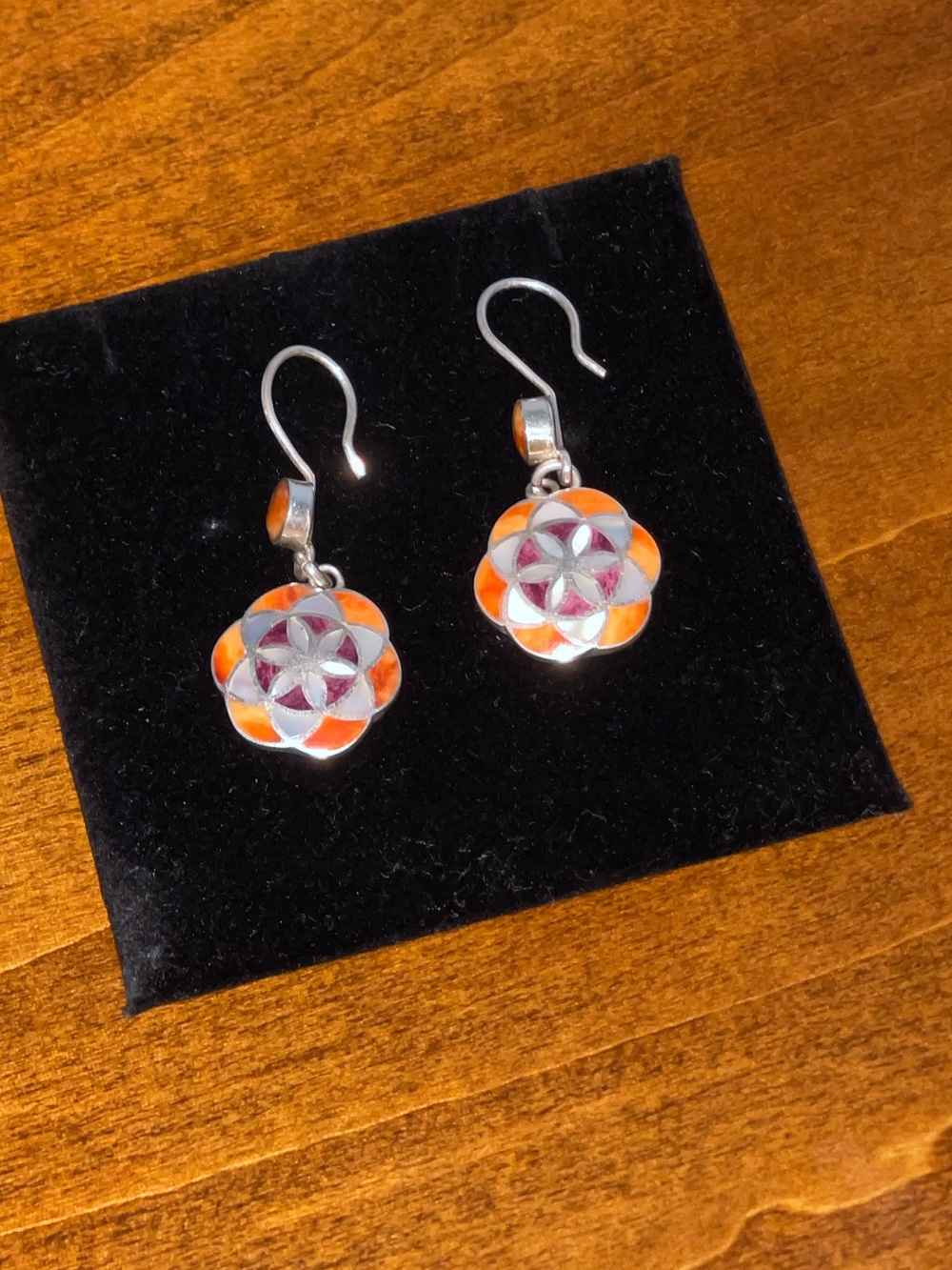 Silver Floral Drop Earrings with Orange and Pink Inlay